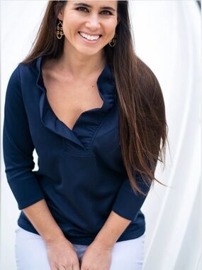 GRETCHEN SCOTT Ruffle Neck Jersey Top  3/4 Length Sleeves Navy